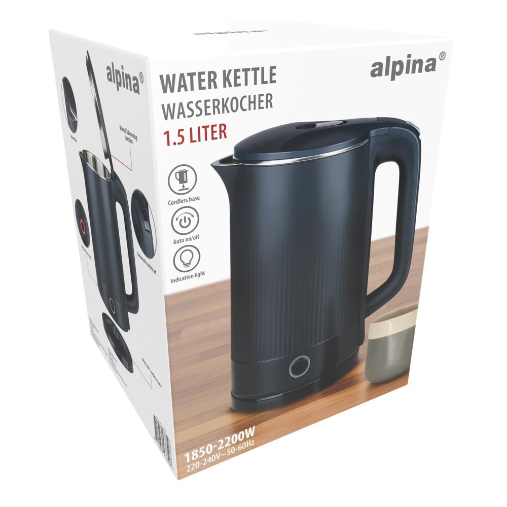 ALPINA 1.5L Cordless Electric Water Kettle- Zwart