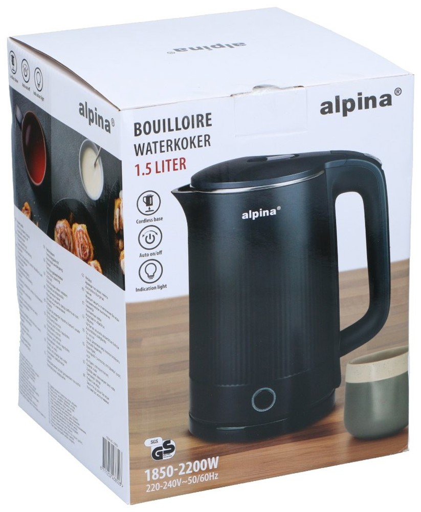 ALPINA 1.5L Cordless Electric Water Kettle- Zwart