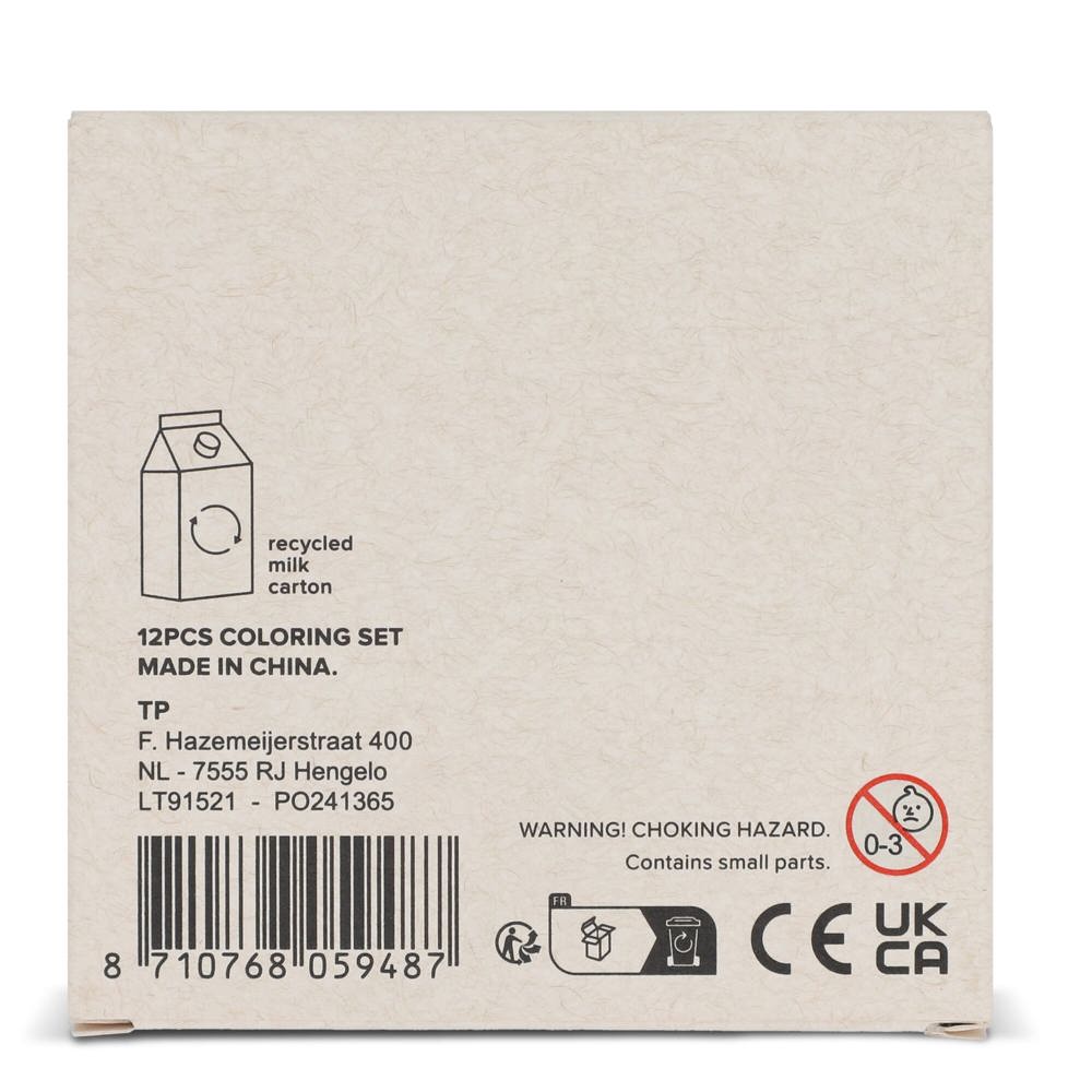 12 kleurpotloden in gerecyclede melkpakkenverpakking