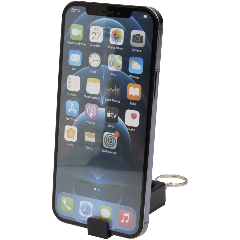 Aggia telefoonstandaard van gerecycled plastic met fidgetspeeltje
